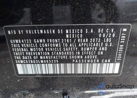 2020 Volkswagen Jetta 1.4T R-Line/1.4T S/1.4T Se z USA, uszkodzony, nr VIN 3VWC57BU3LM083235